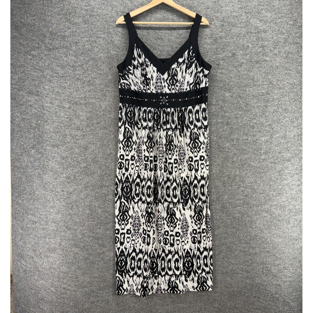 Roz & Ali Dress Women 14 Black Geometric Shift Midi V-Neck Sleeveless Casual